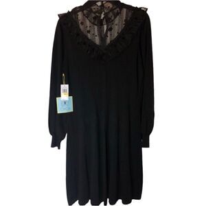 CeCe Black Ruffled Lace Top Button Back Long Sleeves Sweater Fabric BNWT…